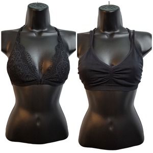 Victoria's Secret Lot of 2 Small Petite Black Bras Lace Plunge / Bralette Halter